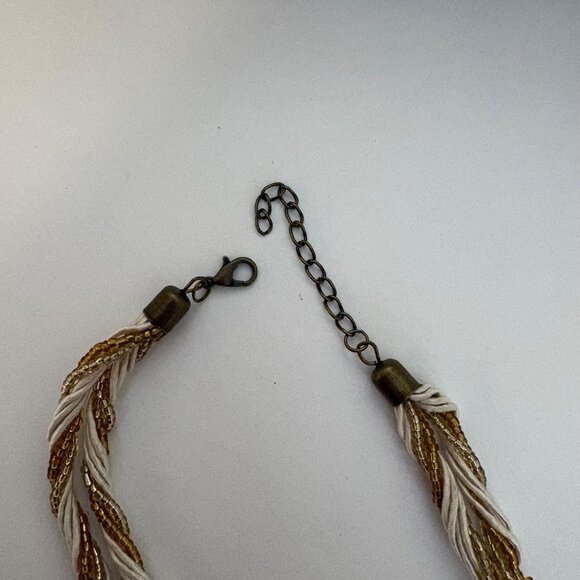 Crackled Teardrop Pendant Multi-Strand Necklace Rhinestones Gold Tone Cream NEW - Picture 6 of 8